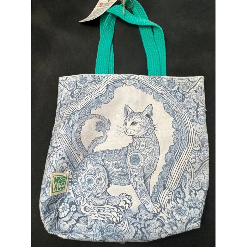 MER & CO Studio Canvas Tote Bag Blue White Cat Graphic Print Teal Handles NWT